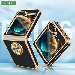 For Samsung Z Flip 6 5 Ring Holder Case Electroplate Solid Color Magnetic Stand Holder Phone Cover for Samsung Galaxy Z Flip 3 4