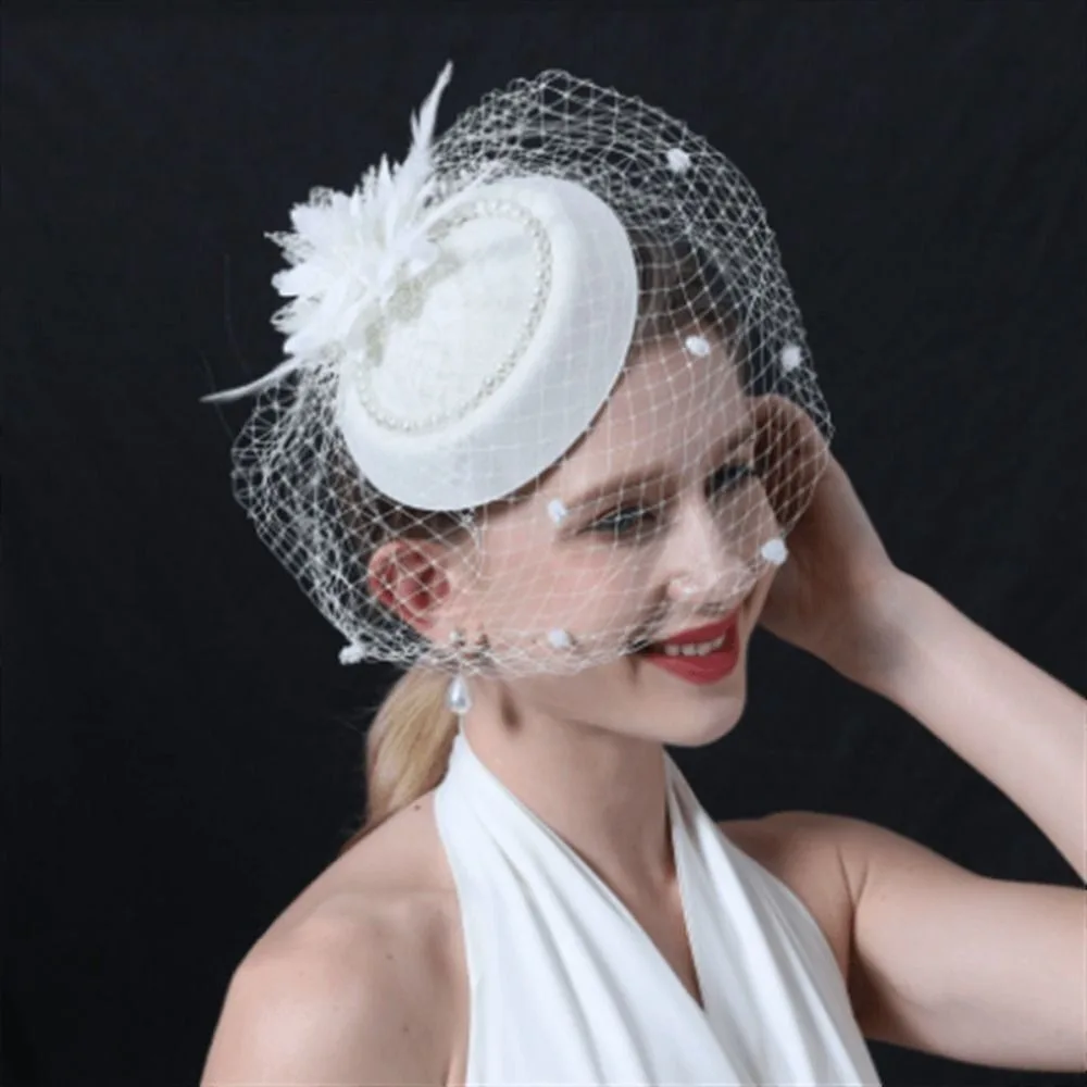 New Elegant Bridal Headwear Pearl Flower Vintage Pillbox Hats Mesh Temperament Fascinators Hat For Women view 3