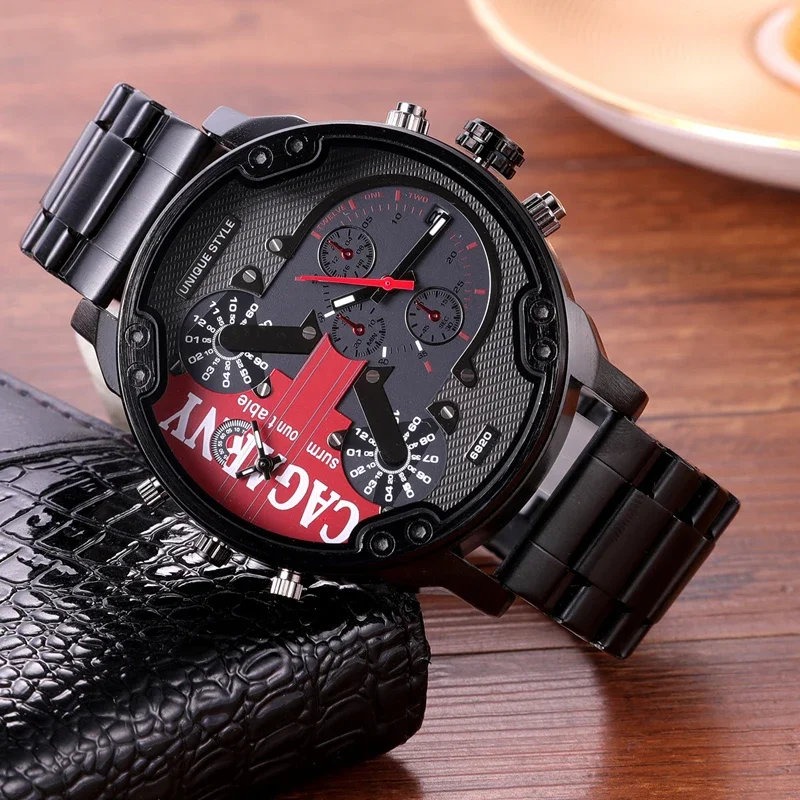 Reloj de cuarzo para hombre, cronógrafo de acero inoxidable sólido, 2 zonas horarias, informal, Militar