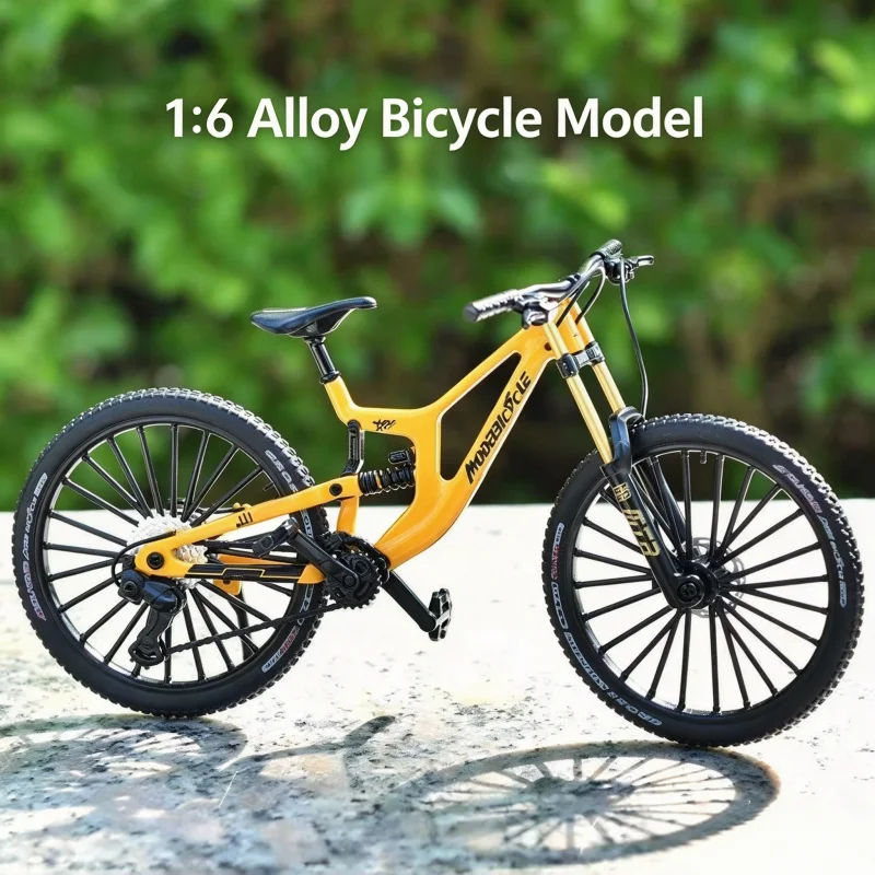 Modelo de bicicleta de montaña de aleación a escala 1:6, réplica de bicicleta de descenso con suspensión completa y neumáticos de goma TPR, para exhibición y colección en el escritorio.