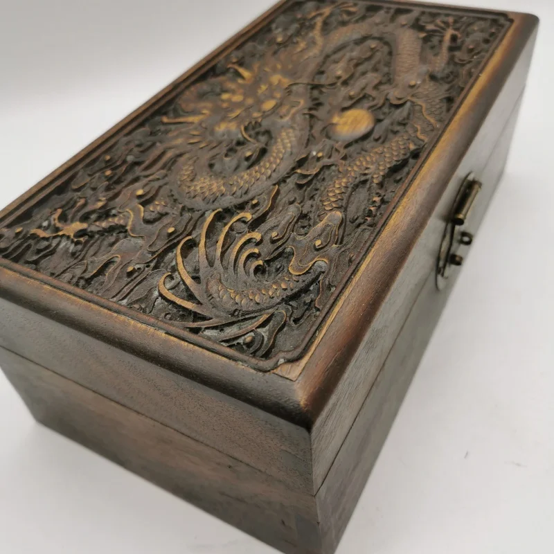 

Antique Dragon Pattern Wooden Jewelry Box Texture Clear Workmanship Fine Antique Home Decoration Vintage