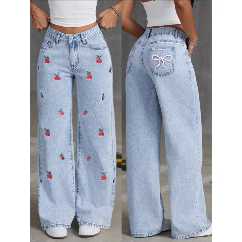 

2026 Women Jeans Embroidery High Waist Distressed Washed Denim Wide Leg Pants Pockets Vintage Floor Length Trousers Streetwear