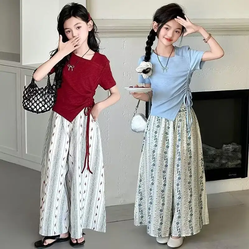 

Children's Clothing Spring And Summer Clothing Girls Korean Ruffle T Shirt And Wide Pants Set Fabric Big Girls Summer Fashion