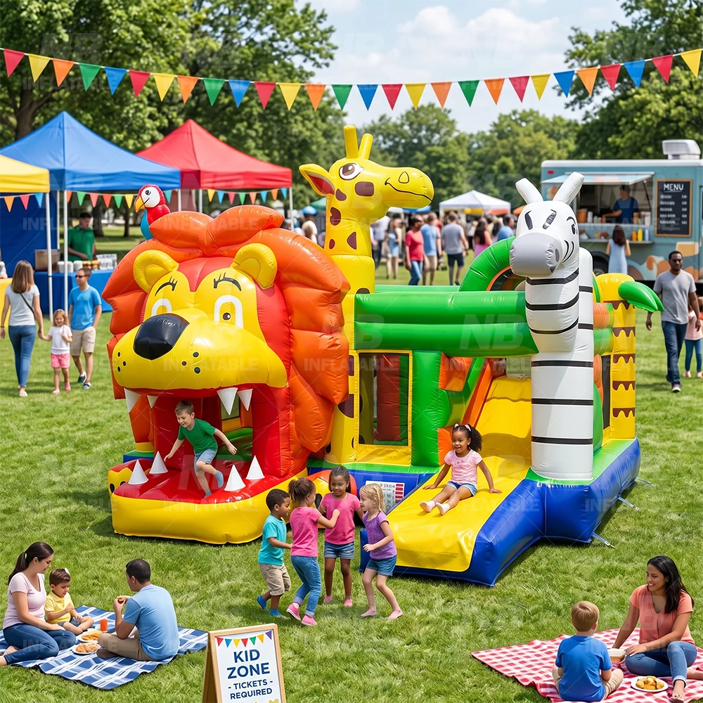 Inflatable Bounce House, Water Slide, Giant Jungle Animals, Lion Giraffe Zebra, Commercial Jumping House for Party Rental
