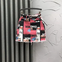 Spliced Fashion Print Denim Skirt Women Streetwear Loose High Waist Mini Skirt 2024 Summer Casual A-Line Jeans Skirts Female