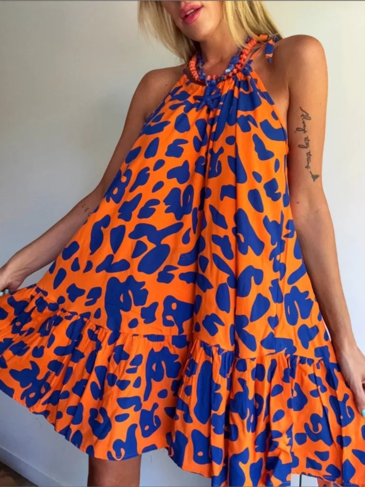 

Women Short Printed Dresses 2025 Summer New Sleeveless Cold Shoulder Halter Dress Female Elegant Sexy Casual Beach Lady Vestidos