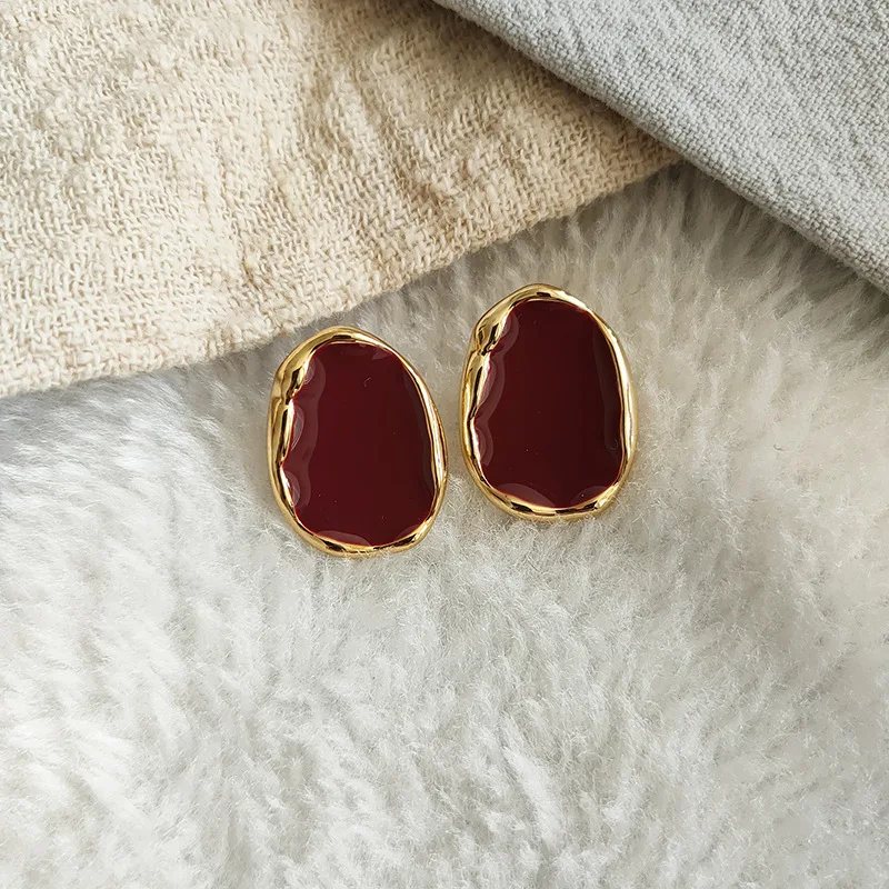 Big Winered Color Irregular Geometry Bean Stud Earrings for Women Ear Jewelry Accessory Wholesale Girl Gift