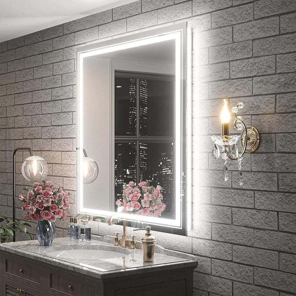 32/36 Inch Smart Dimmable LED Bathroom Mirror Large Square Anti-Fog Vanity Make-up Mirror Dual Light With Demister Touch Switch