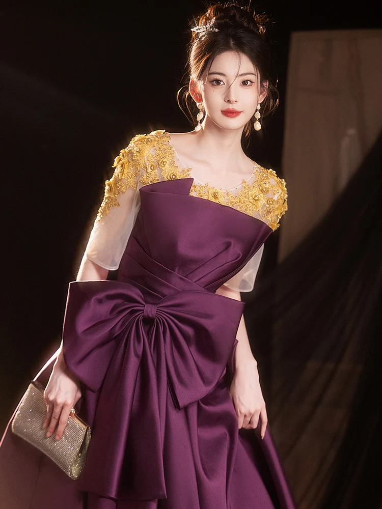 أنيقة الأرجواني ألف خط فساتين حفلات طويلة طاقم الرقبة مع القوس الكبير مساء حزب ثوب مساء اللباس مخصص فستان المناسبات الرسمية