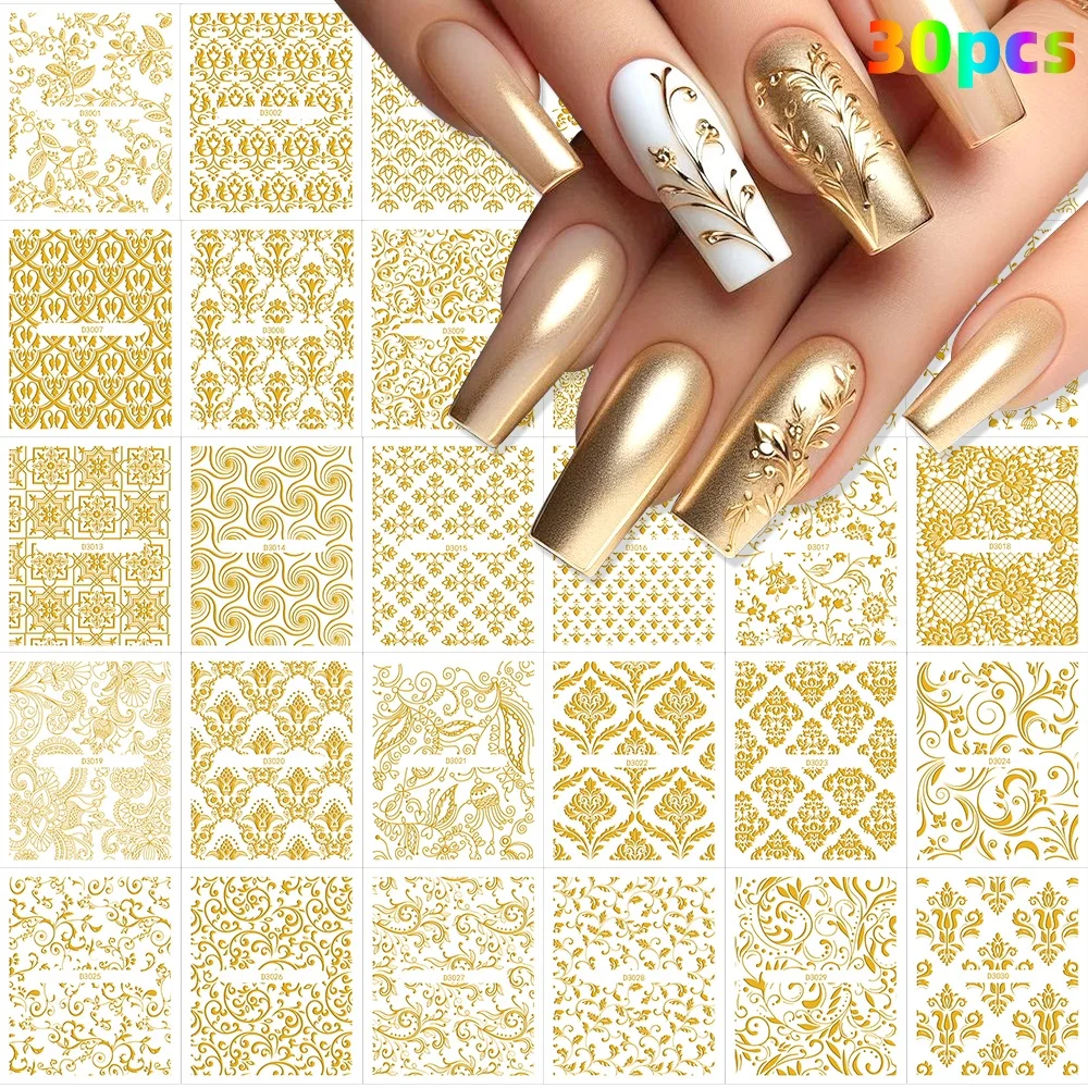 30pcs Golden Foil Nail Art Stickers Set 3D Self-Adhesive Metallic Decals Flower Leaf Necklace DIY Design Manicure Accessories#NL