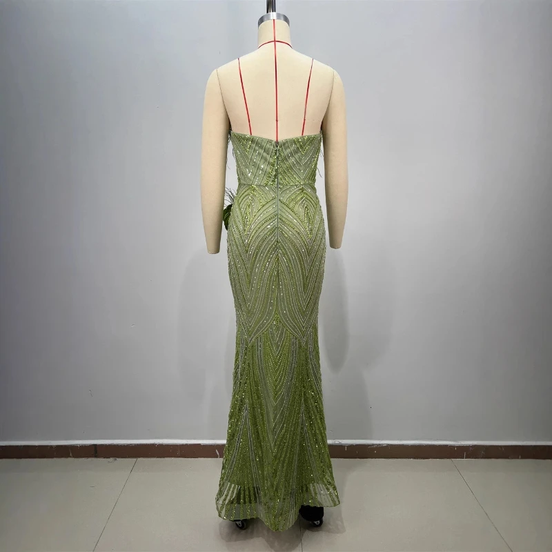 Verde oliva elegante vestido sereia cintilante sem alças sem costas flores sexy corte bodycon bandagem vestido de noite