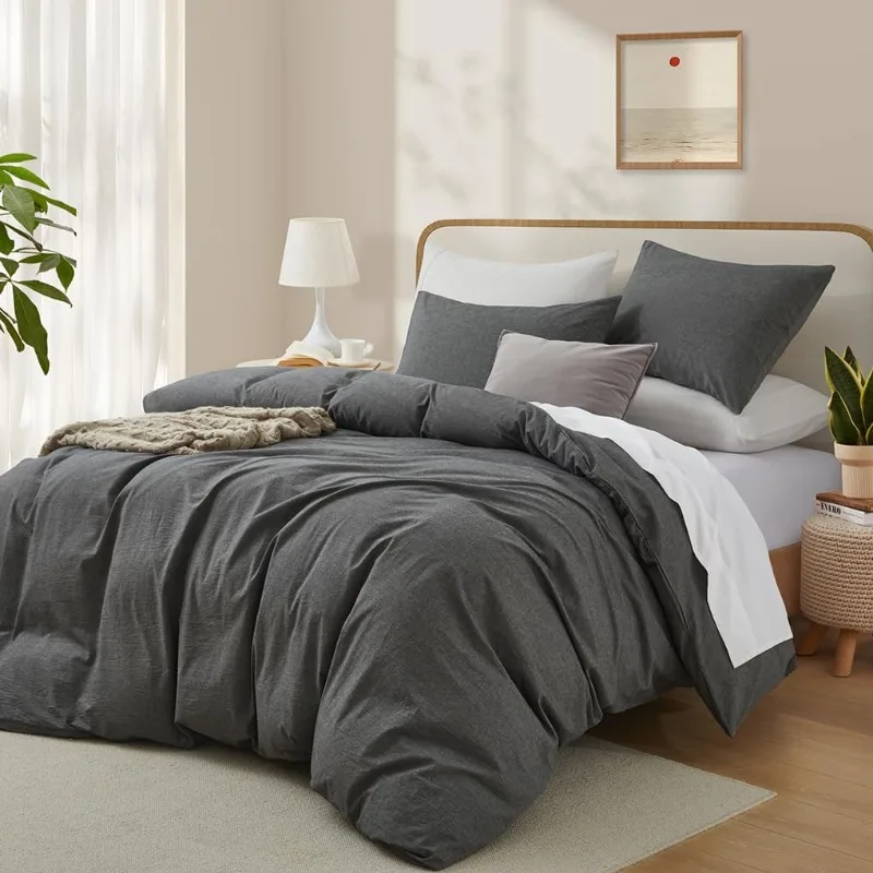 100% Washed Cotton Duvet Cover King Size, Grey Fade-Resistant Natural Bedding Set (No Comforter), 104x90 Inches