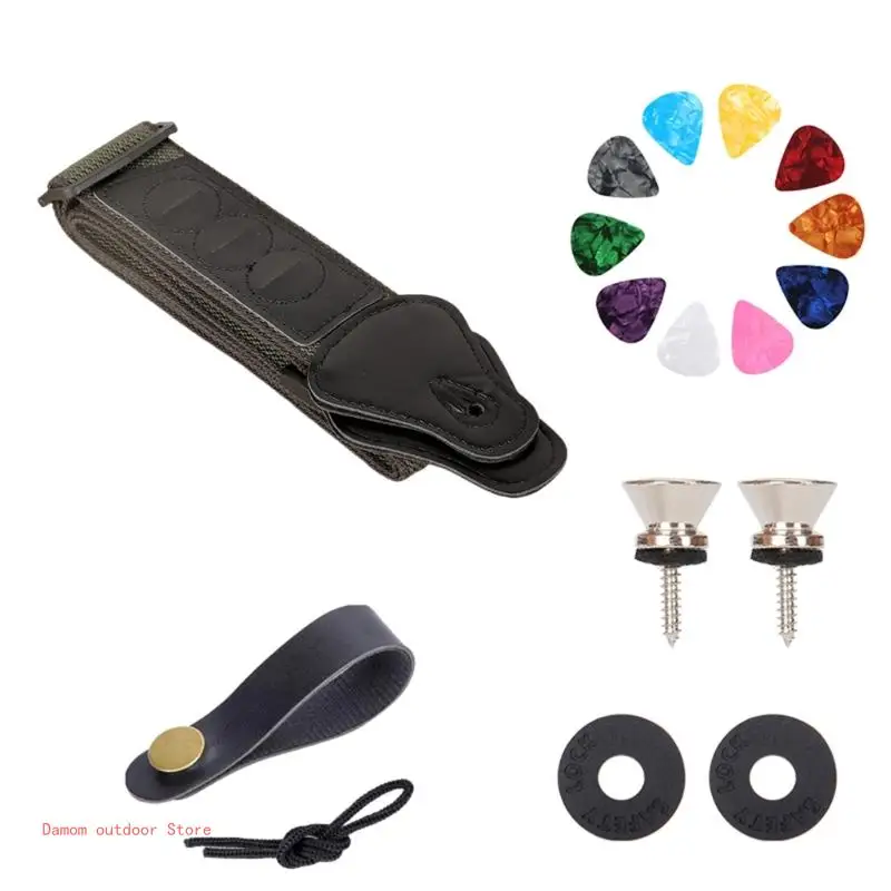 Adjustable Guitar Strap Set Guitar Picks Guitar Strap Locks Embroidered Cotton Guitar Strap for Acoustic Electric Guitar