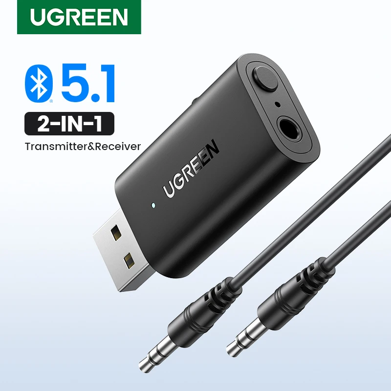 UGREEN 2 w 1 Bluetooth Adapter samochodowy Bluetooth 5.1 Stereo Nadajnik Odbiornik Bezprzewodowy 3.5mm Aux Jack Adapter Zestaw samochodowy Mikrofon