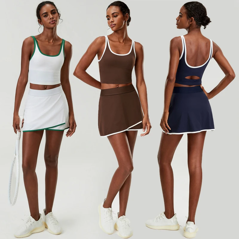 Women Two Pieces Fitness Yoga Set Summer Gym Top High Waist Tennis Skirt Suit Female Short Sportswear Breathable Workout Clothes