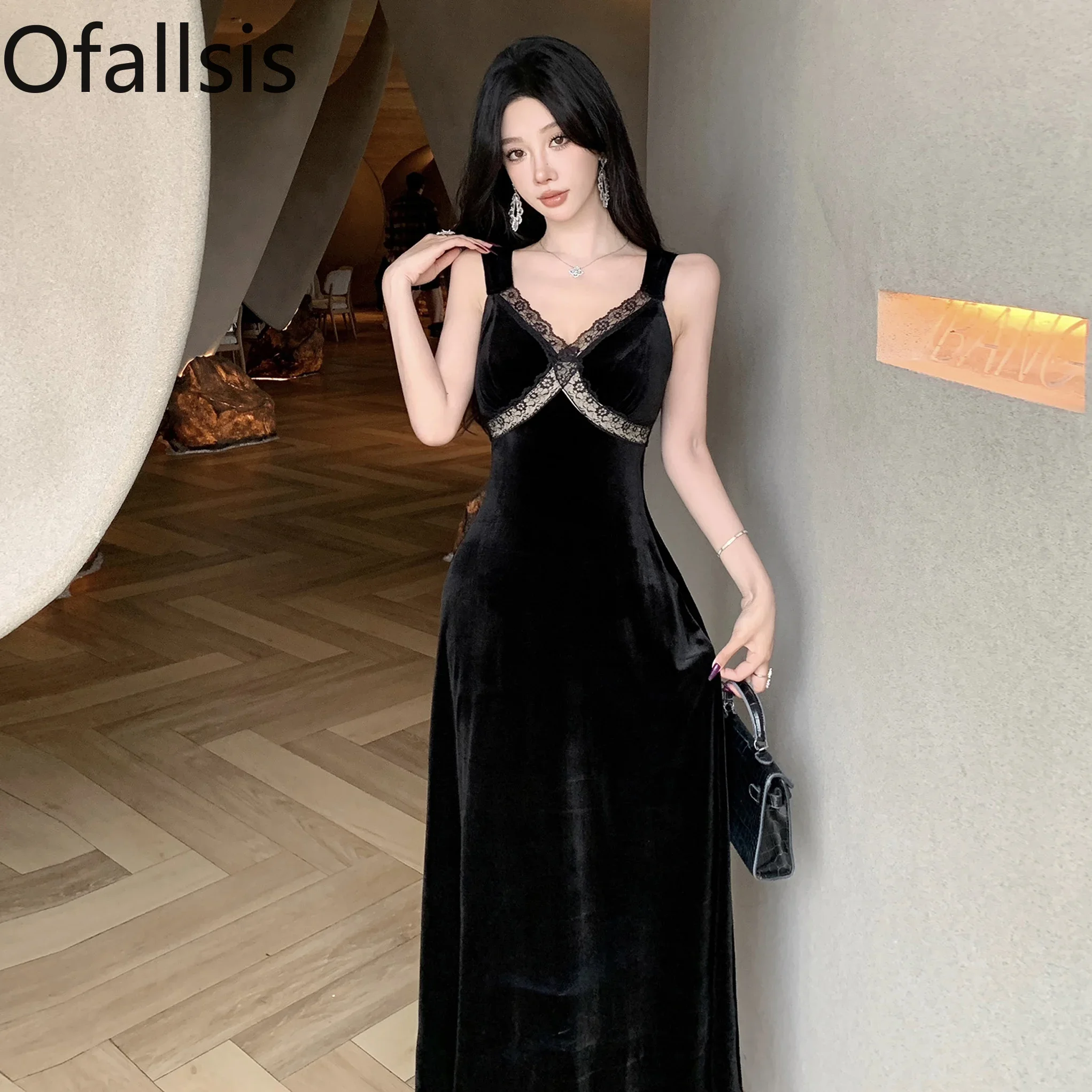 Ofallsis Black Casual Hong Kong Style Retro Dress 2024 Early Spring Summer Retro Hepburn Style Lace Patchwork Suspender Dresses