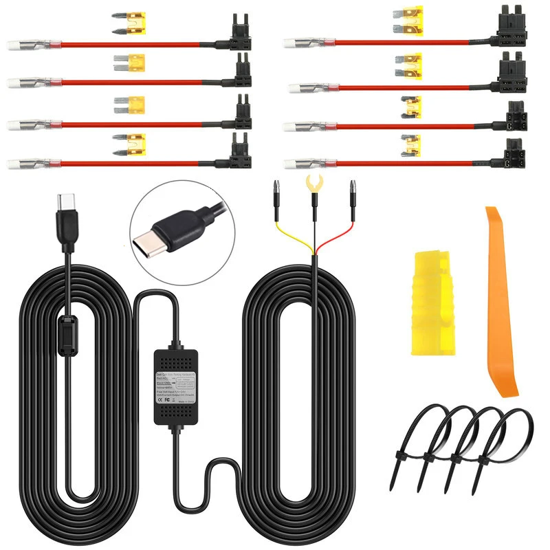

Комплект из жесткого провода для автомобильного видеорегистратора, 24-часовой парковочный монитор, защита от низкой громкости, порт Mini Micro USB Type-C, 12В-24В, выход 5В 3а