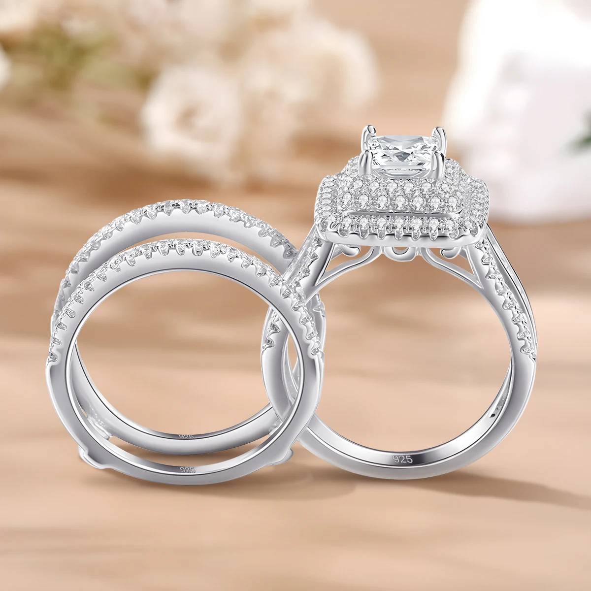 2-teiliges Moissanit-Ring-Set mit Zertifikat für Hochzeiten, 100% Silber 925, Luxusmarken-Designer-Verlobungsschmuck für Frauen, Großhandel – Detail 3