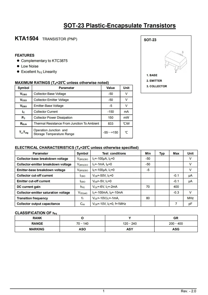 Triode SOT-23 transistores do poder de SMD, KTA1504, ASG, KTA1298, 1Y, PNP, 50 PCes