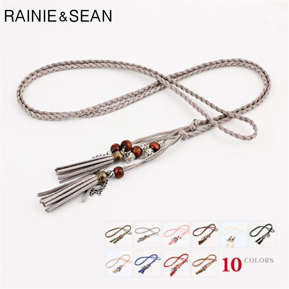 RAINIE SEAN Braided Belt For Women Pu Leather Ladies Belts For Dresses Tassel Beaded Boho Fashion Summer Belt Women 170cm