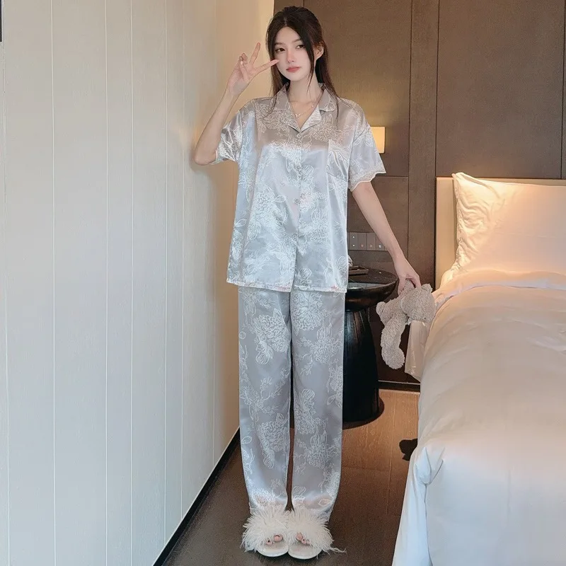 Women's Pajamas Lounge Set Fashion Print Lace Design Sleepwear Button Down Short Sleeve Top Summer New Pajamas Set Home Clothing 3