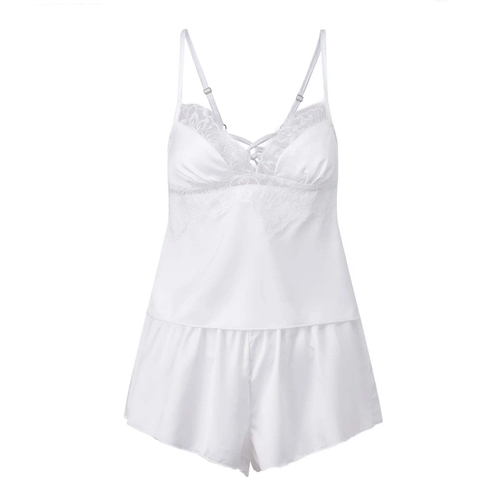 

Женский летний пижамный комплект, стильный однотонный топ на бретельках с кружевной отделкой и шорты, комплект из 2 предметов для отдыха