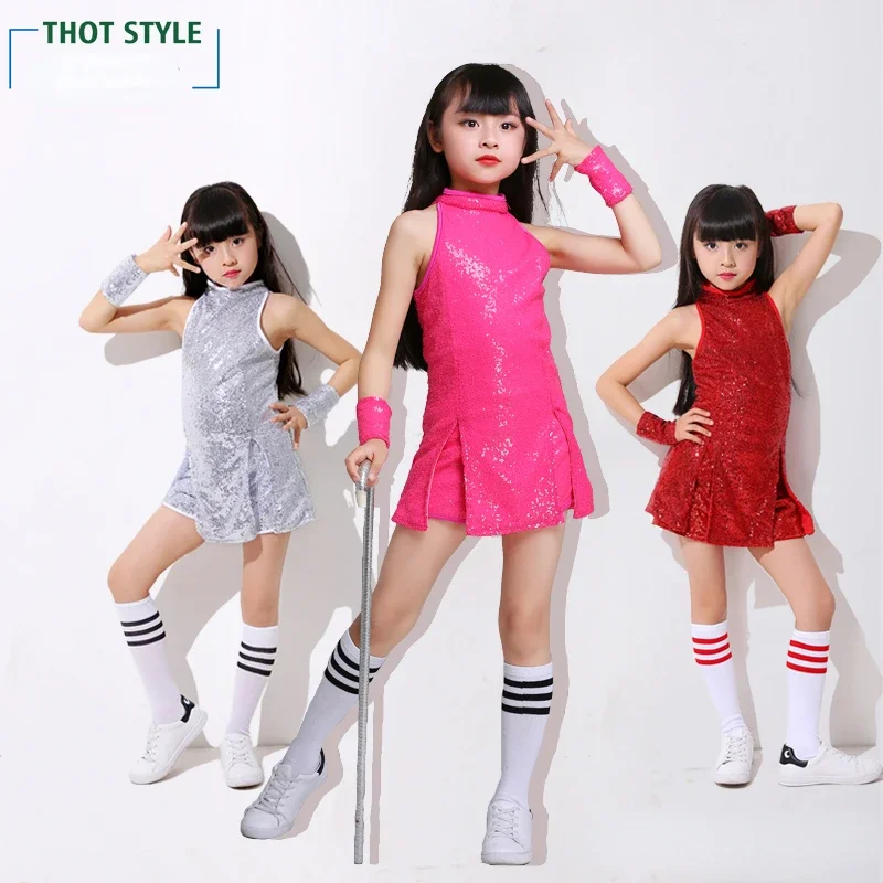 Sequins Jazz Dance Costume Kids Modern Street Dance Clothes Girls Modeling Runway Dance Performance Costume Girls Cheerleader