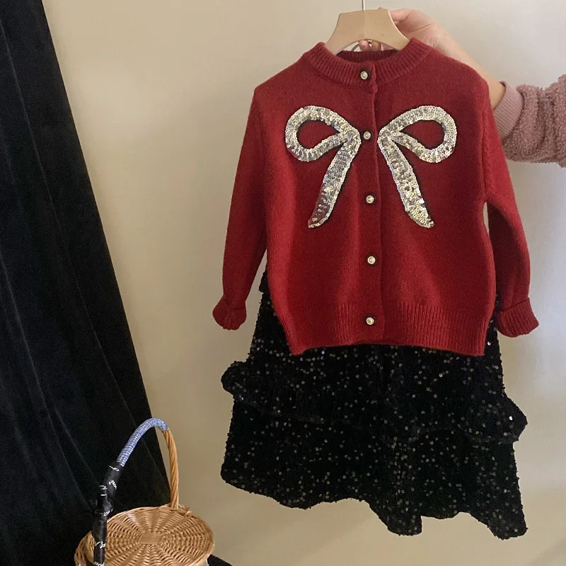 Baby Girls Sets Glitter Bowknot Knitted Sweater Fleece Lotus Lace Sequin Skirt 2024 Autumn Winter New Korean Style Kids Sets