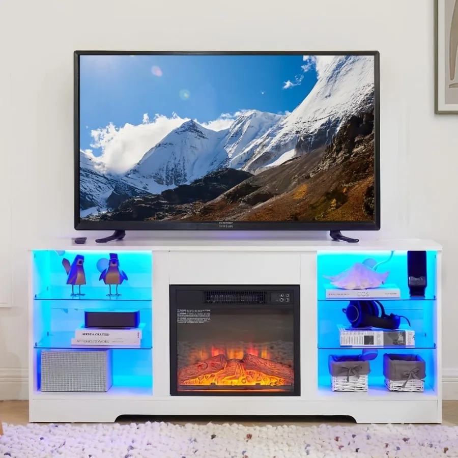 

Modern 18inch Electric Fireplace TV Stand with 3D LED Ambient Lighting Wood and Glass Design for TVs up to 65 inches Builtin US