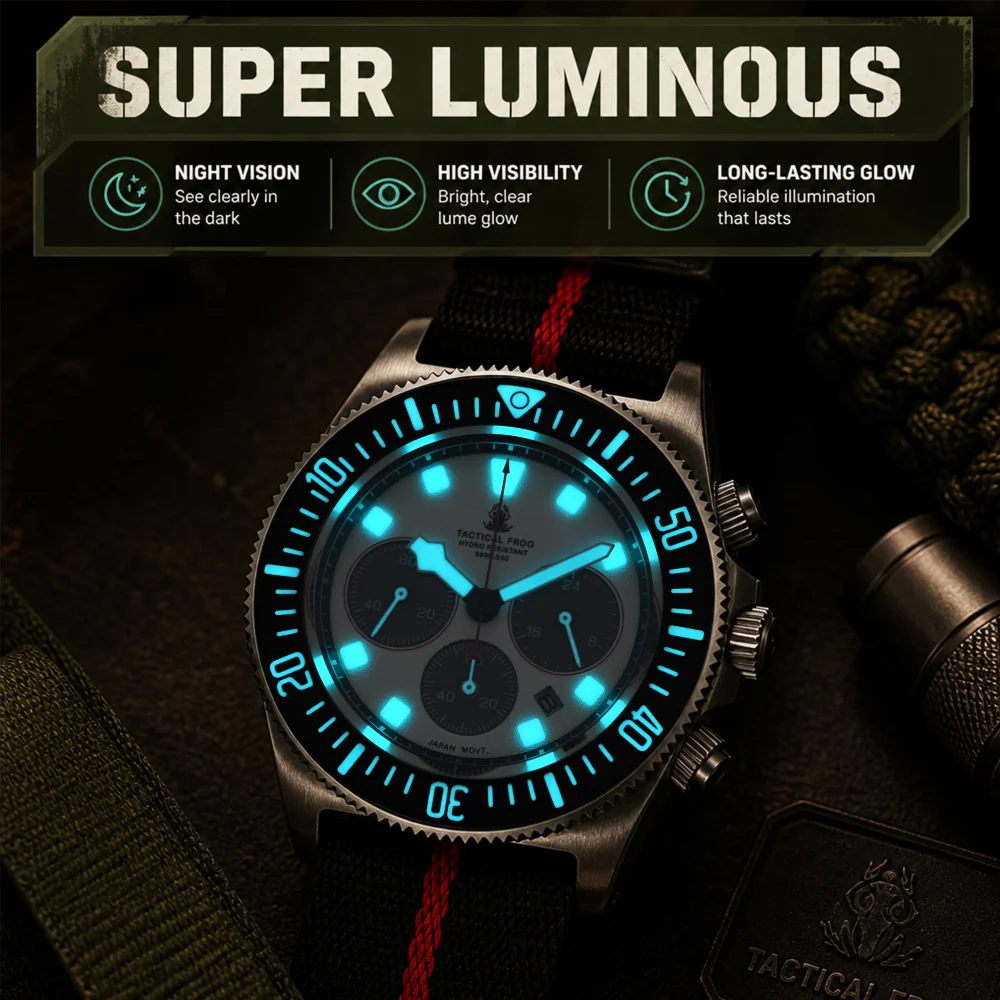 Tactical Frog FXD Titanium Solar Chronograph Dive Watch VS75B Men 200M Waterproof Sapphire BGW9 Luminous Quartz Wristwatch