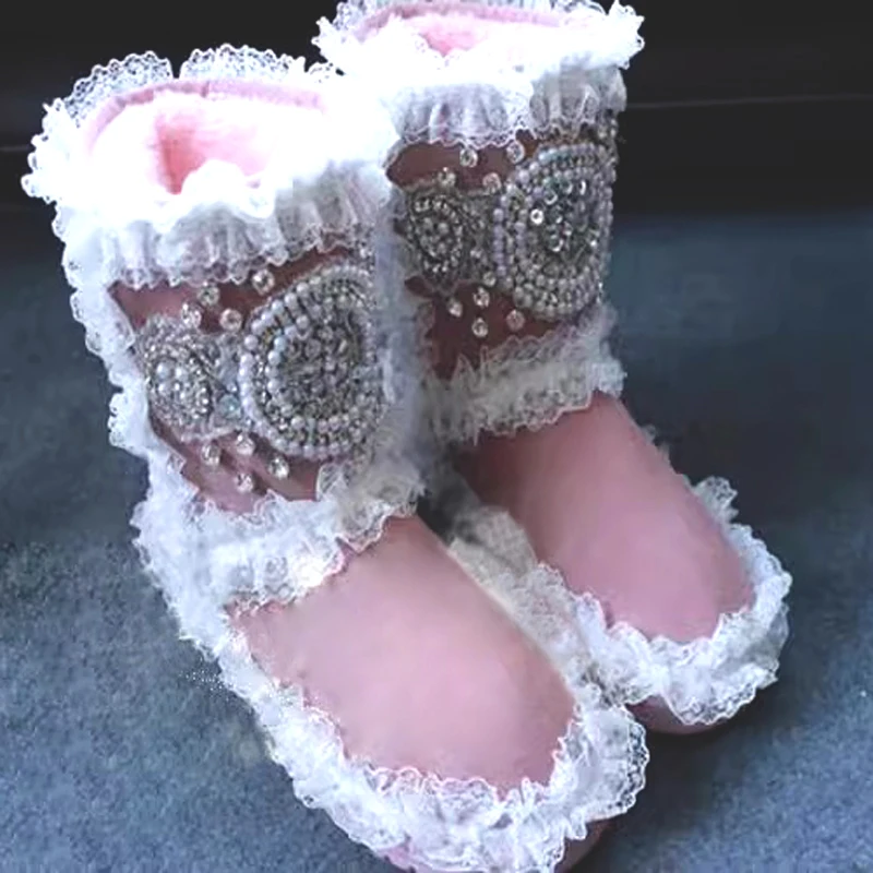 

Sweet Pink Suede Rhinestone Pearl with Floral Lace Ruffles Snow Boots Thick Sole Round Toe Women Warm Winter Ankle Boots