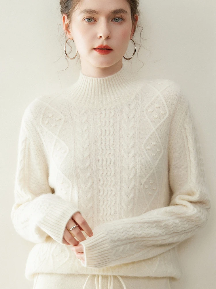 

Solid Autumn Winter Warm Soft Casual Cable Stitch Women's Thick 100% Cashmere Knitted Sweater Mock Neck Pullover Clothing Tops