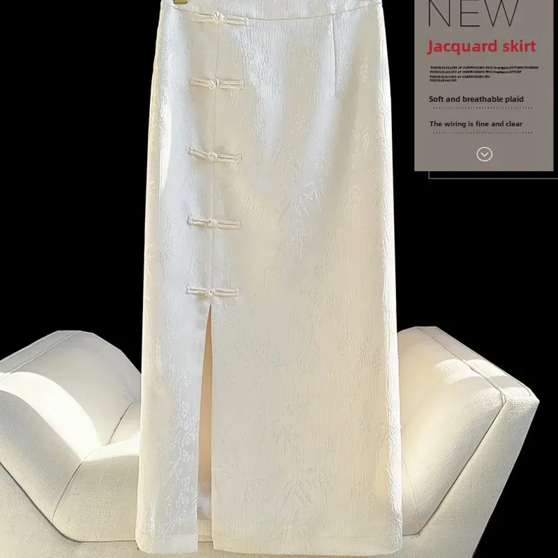 تنورة جاكار كلاسيكية جديدة لعام 2024 للنساء لموسم الربيع بفتحة جانبية على شكل قرص بأزرار موضة نسائية أنيقة غير رسمية #1