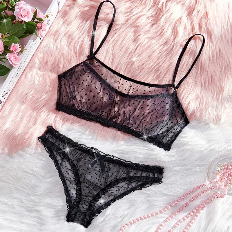 Sexy Polka Dot Lingerie Set For Women Aesthetic Eroctic Lingerie Beautiful Ruffles Mesh Sheer Underwear Wireless Bra Panty Set