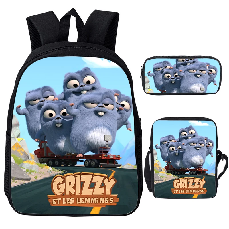 Grizzy And The Lemmings-mochila con estampado para niños y niñas, Juego de 3 piezas, mochilas escolares de dibujos animados, impermeable, para ordenador portátil