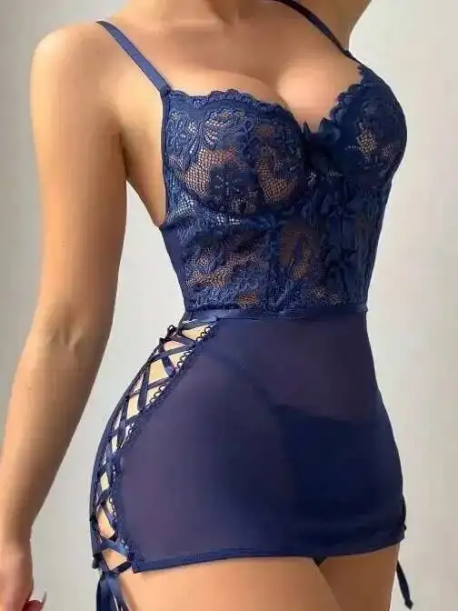 Robe Sexy en dentelle transparente, couleur unie, maille, imprimé floral, dos nu, bretelles en V profond, sans manches, portefeuille aux hanches, charmante, UJI0, nouvelle collection