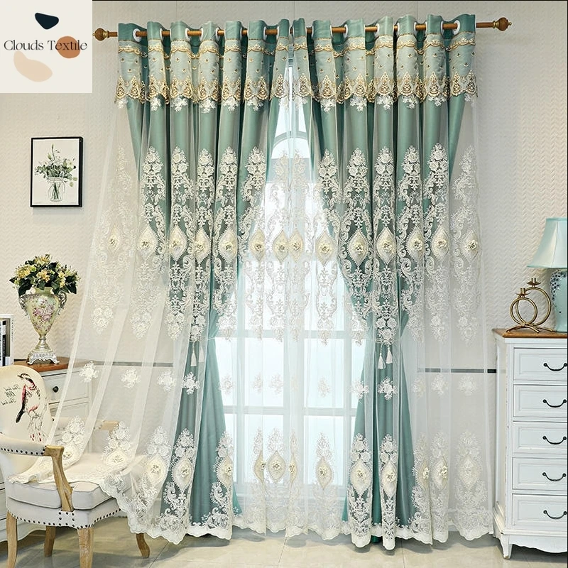 

Double-Layer Curtains for Living Room Bedroom Dining Custom European Style Curtain New Pink Cloth Yarn Relief Embroidery Window