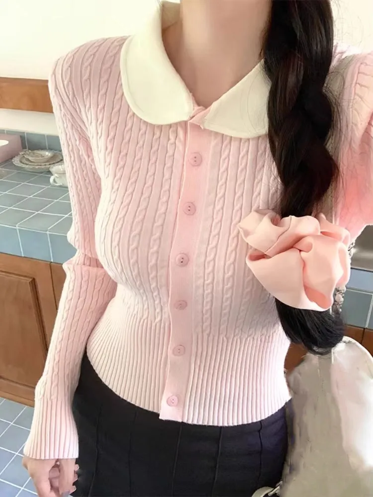 

Sweet Collar Pink Knitted Tops Mujer 2025 Early Autumn New Cardigan Coat Women Y2k Slim Fit Long Sleeve Sweaters