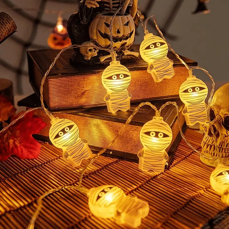 Guirlande lumineuse Halloween Momie avec bandages, lumière chaude, pour décoration festive, éclairage d'horreur pour fêtes à domicile, alimentée par piles