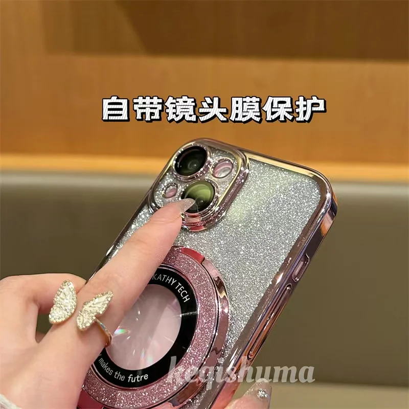 Luxury Magsafe Wireless Charging Case For iPhone 16 11 12 13 14 15 Pro Max Plus Glitter Magnetic Ring Bracket Transparent Cover