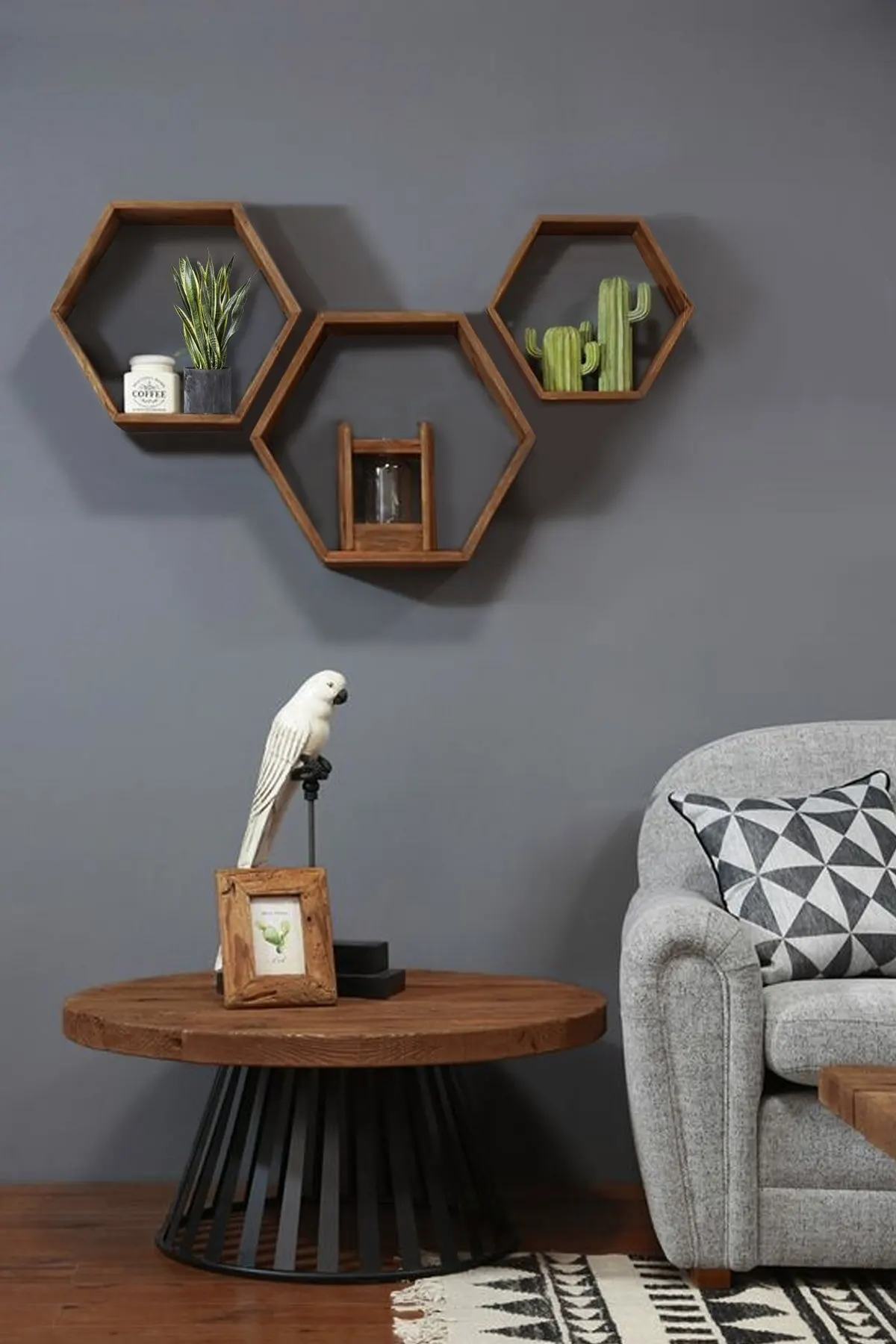 Nordic Hexagonal 3pcs Honeycomb Wall Shelf Stand Set Natural Wood Tumbled Framed Home Storage Holder Decorative Photo Wall Rack