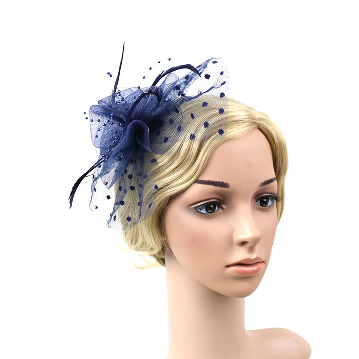 

Women Fascinator Hat Clip Mesh Looped Net Hair Clip Navy Blue Party Church Wedding Tea Summer Picnic Cocktail