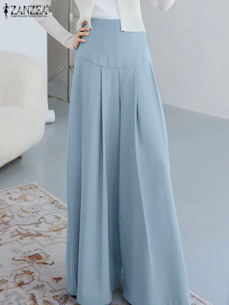 

ZANZEA Elegant Wide Leg Pants Casual Loose Women Pants Fashion High Waist Long Trousers 2023 Autumn Solid Pleating Thin Pantalon