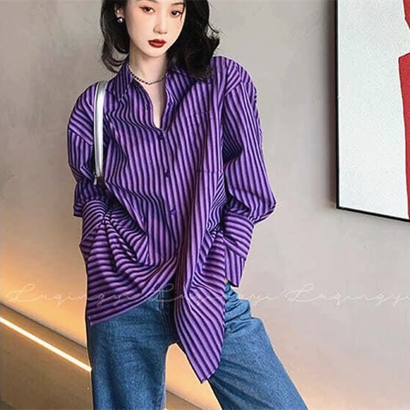 Sexy Women\'s Streetwear Vintage Striped Long Sleeve Shirt Female All-match Casual Buttons Turn-down Collar Purple Loose Blouse