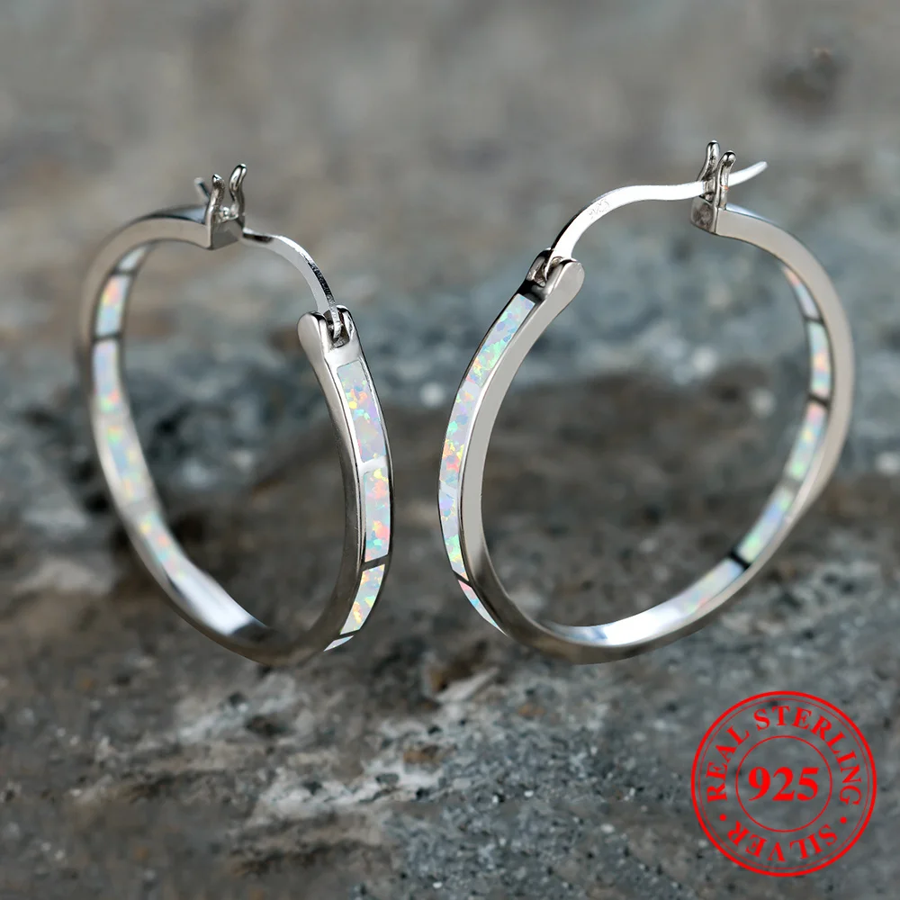 Boho Female White Blue Fire Stone Earrings Real Sterling Silver Hoop Earrings For Women Dainty Bridal Round Wedding Jewelry