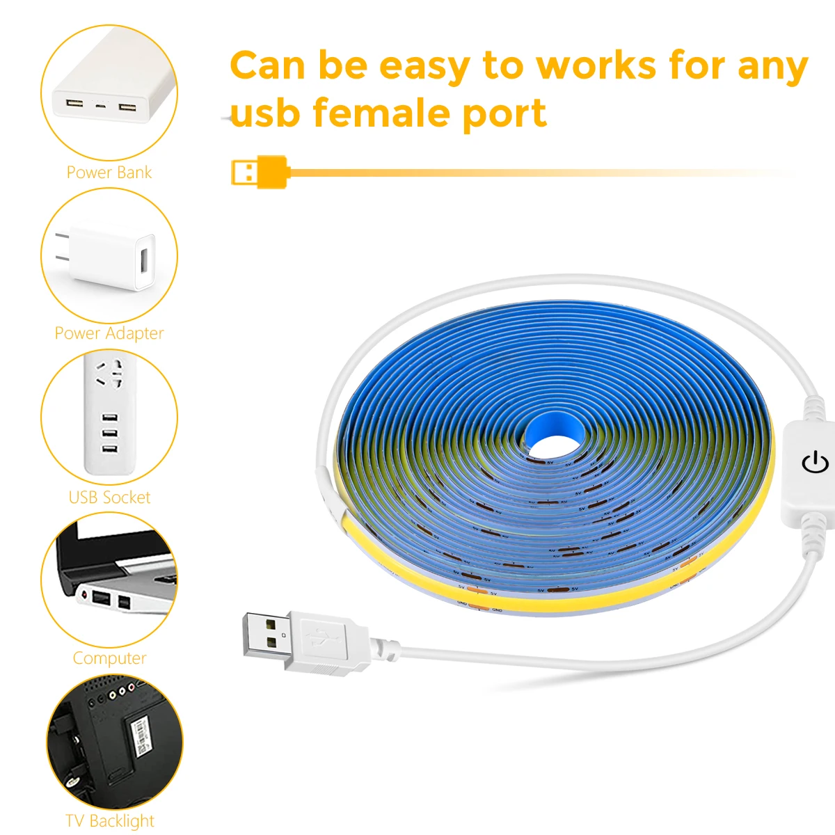 5V COB Strip Lights Touch Dimmer USB Flexible Diode Tape Ribbon For Kitchen Garage DIY TV Mirror PC Backlight Wall Decor Lights