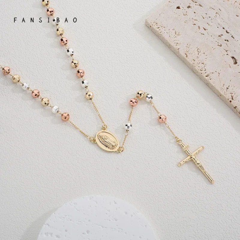 FanSibao Maria style jewelry necklace tri color bead cross pendant perfect combination fashion faith