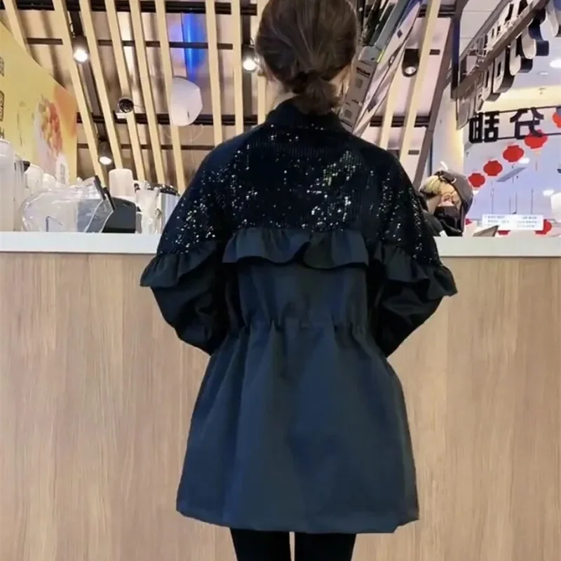 Fashion Sequined Trench Coat For Women 2026 Spring Autumn Outwear Korean Version Loose Waist Windbreaker Coat