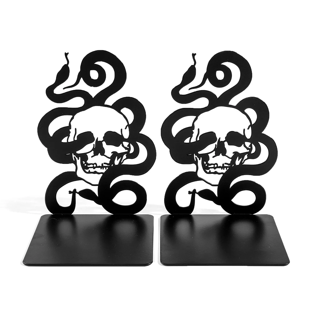 Gothic Horror Snake Skull Head Bookends Punk Dark Style Shelf Desk Decor Books Ends Support Stands Birthday Gifts for Men Boys