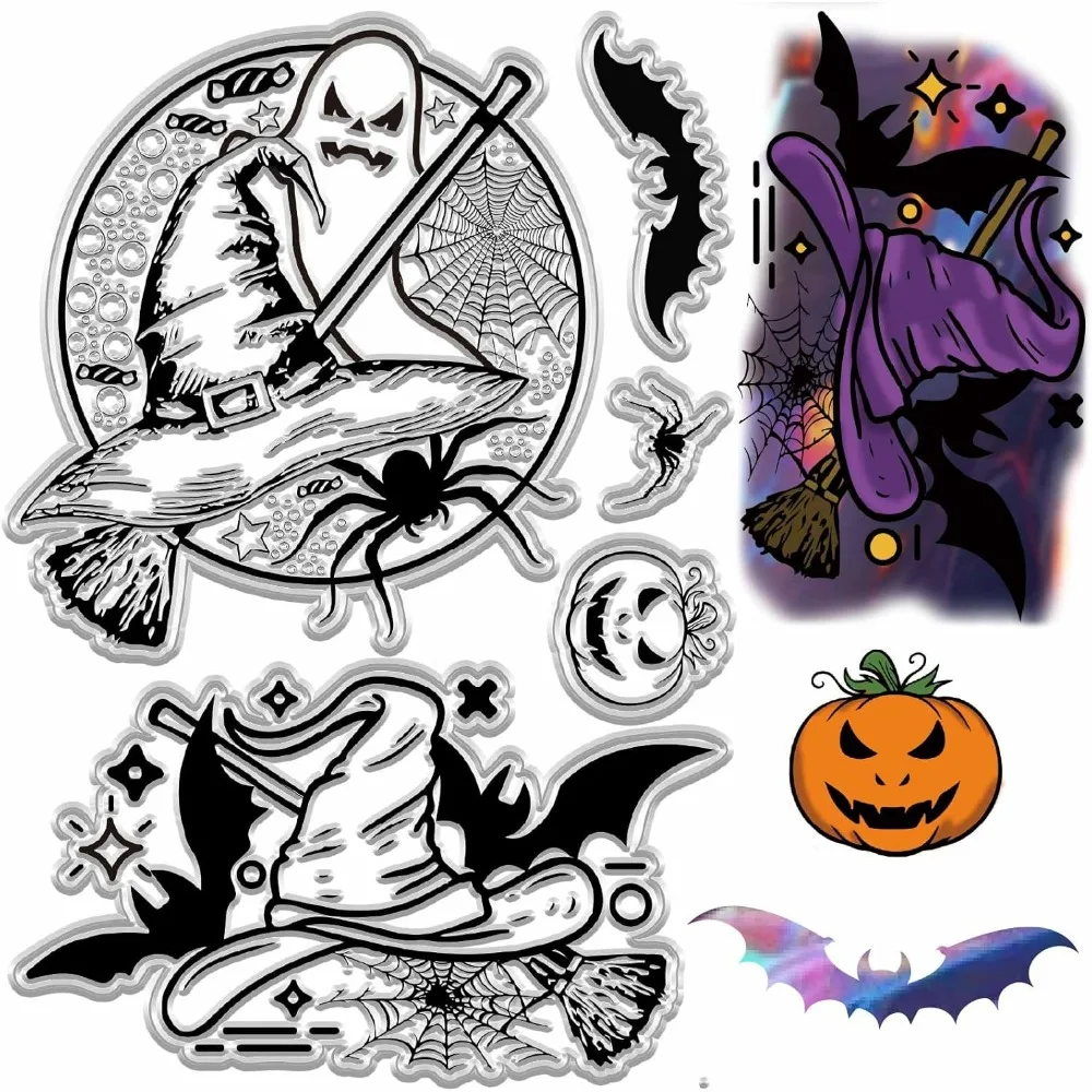 Sellos transparentes para Halloween, sombrero de bruja, escoba mágica, sello de goma gótico de PVC, reutilizable, adivinación, murciélago, araña, sello de silicona transparente